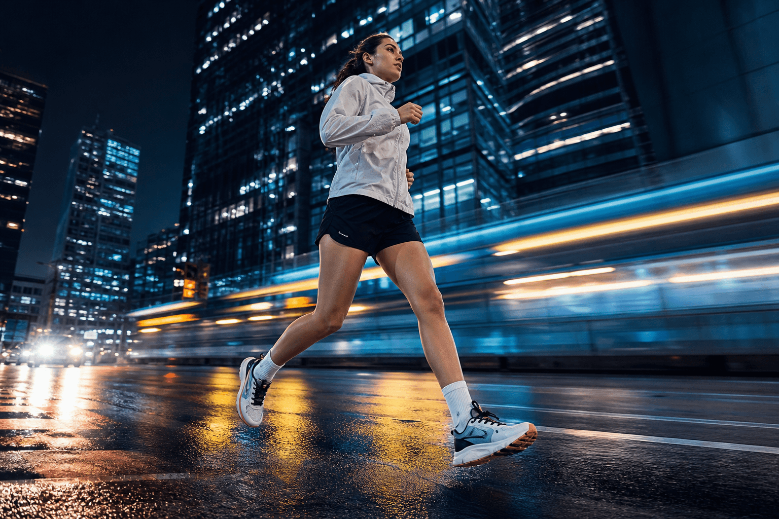 Athlete running through a city at night for a footwear campaign