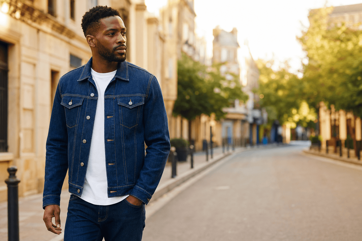 AI-generated street fashion look with denim jacket