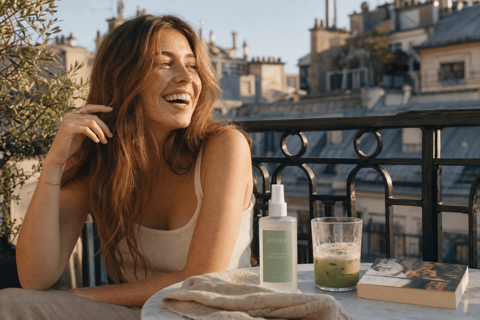 Body mist staged in a sunlit balcony lifestyle scene