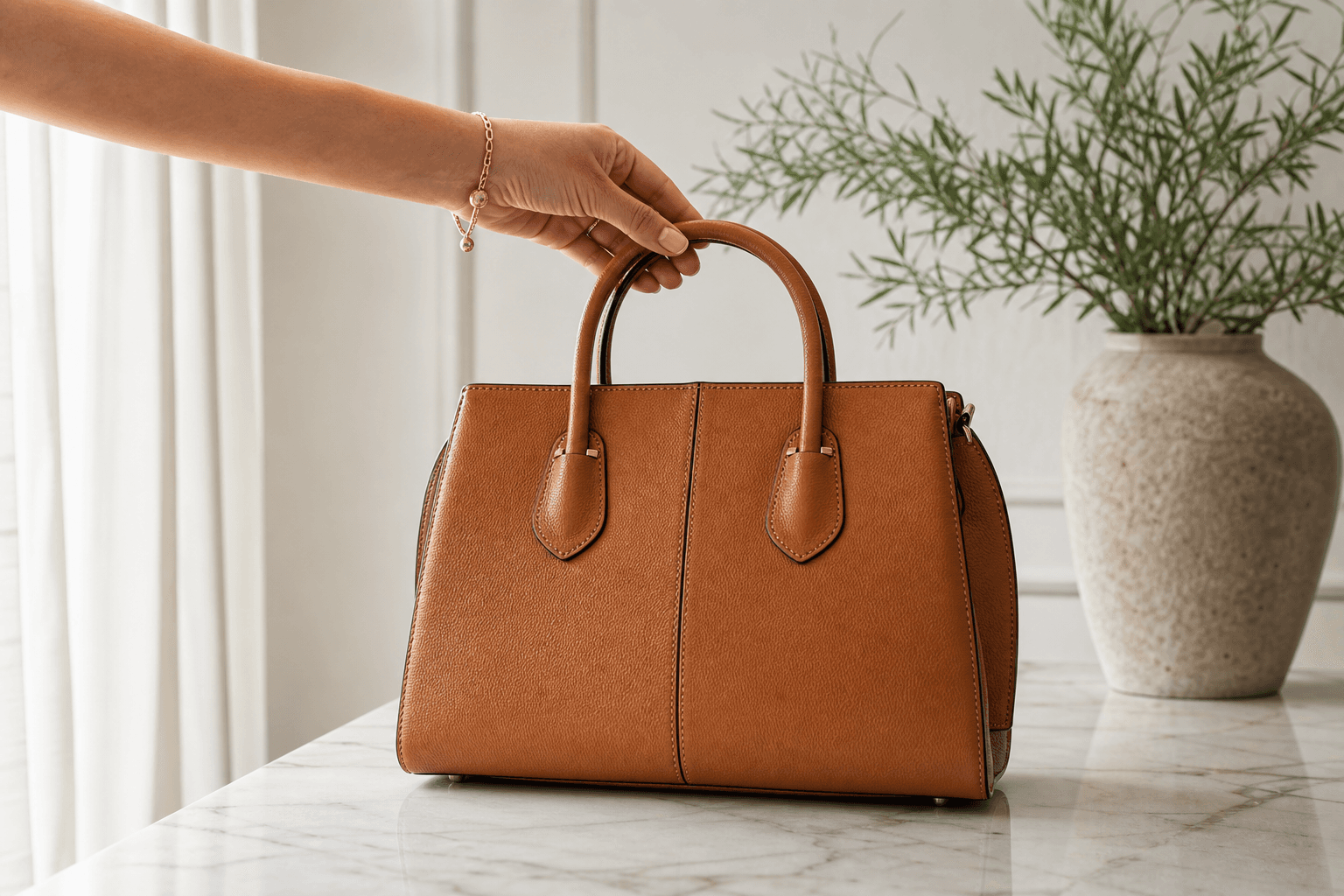 Listing-ready handbag product photograph with natural styling