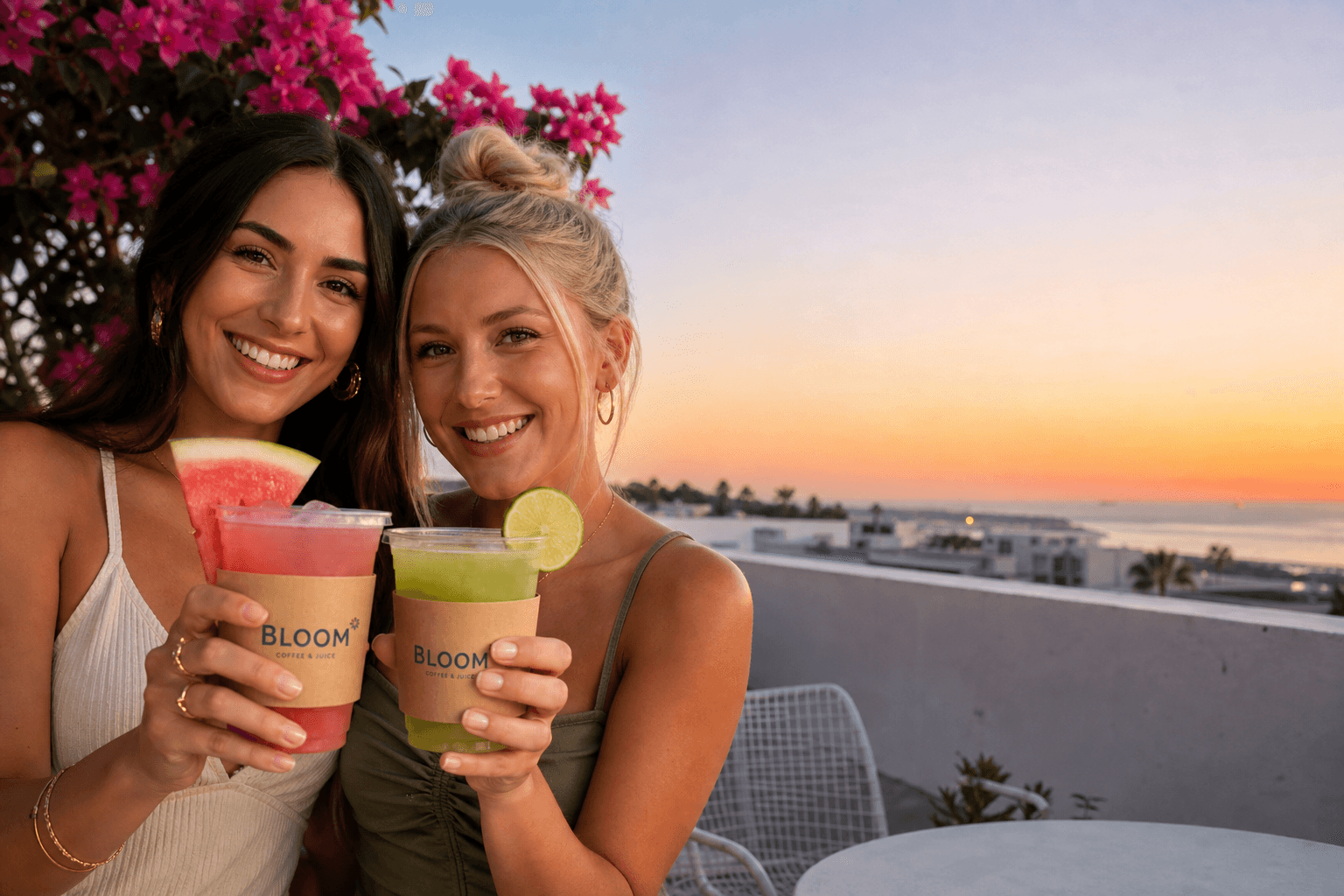 Friends toasting BLOOM drinks at sunset