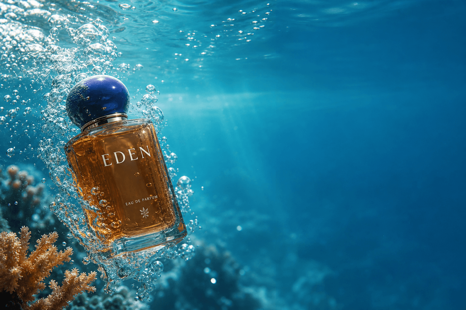EDEN fragrance bottle plunging underwater with bubble trail