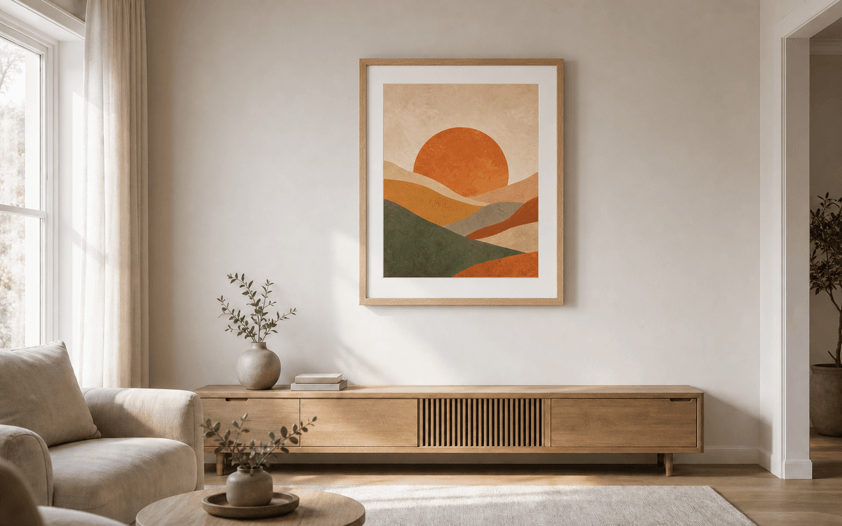 The same framed print staged in a living room