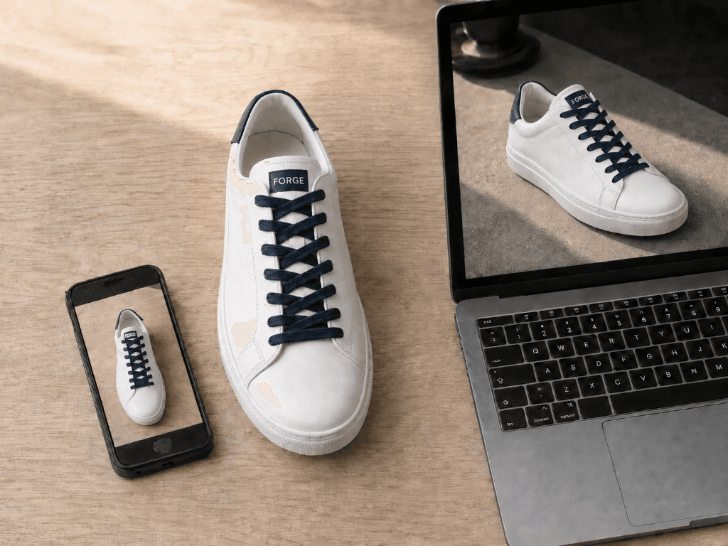 Phone snap and FORGE sneaker on a desk beside a laptop showing the finished lifestyle image