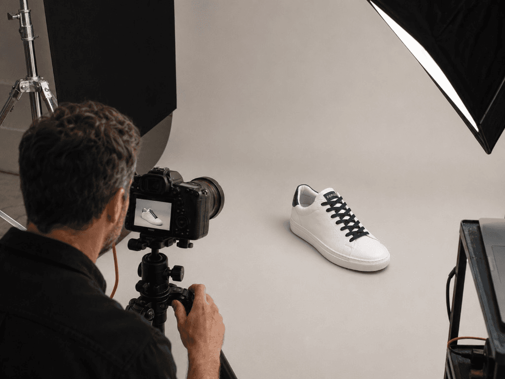 Photographer shooting FORGE sneakers on a studio table with softbox lighting