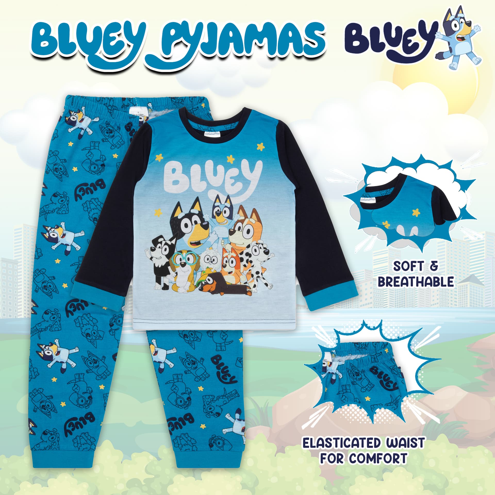 Bluey children's pyjama infographic with size and material details - product infographic UK