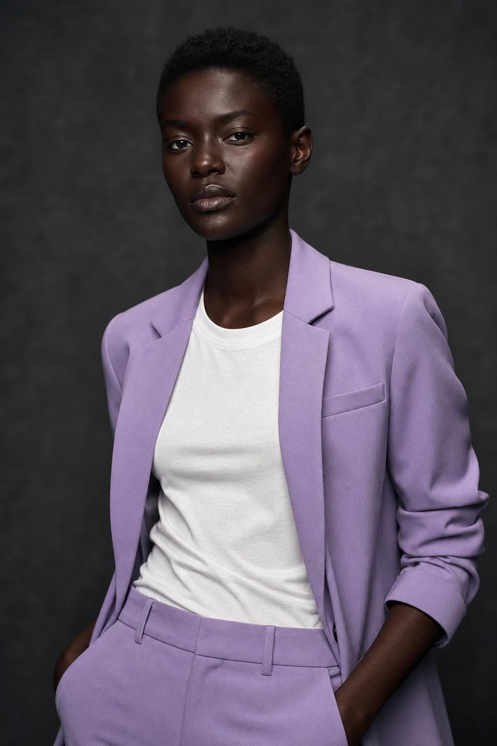 Curated fashion model look, rich deep skin tone