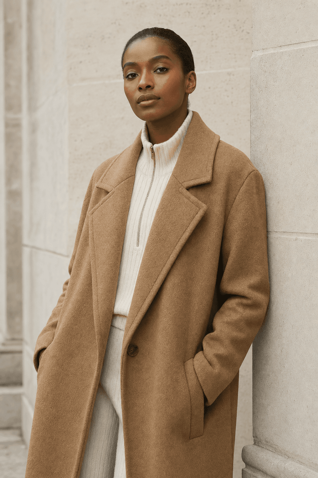 AI-generated lifestyle on-model coat look
