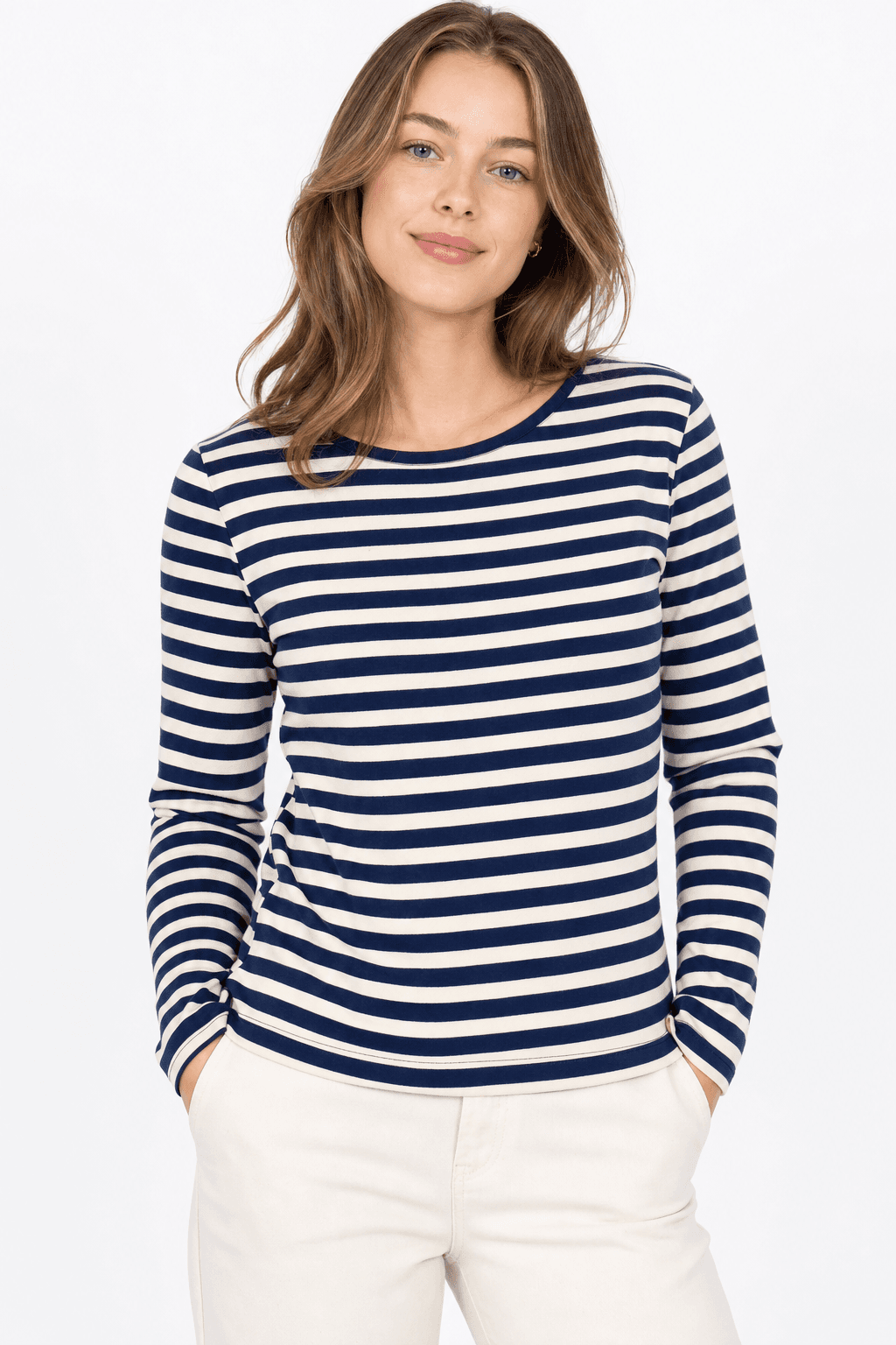 AI-generated striped top on model