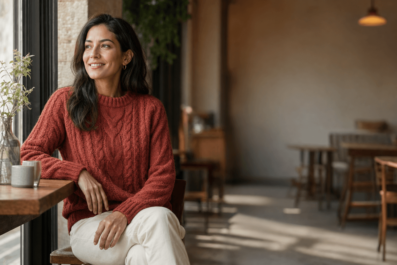 AI-generated lifestyle apparel look with terracotta knit sweater