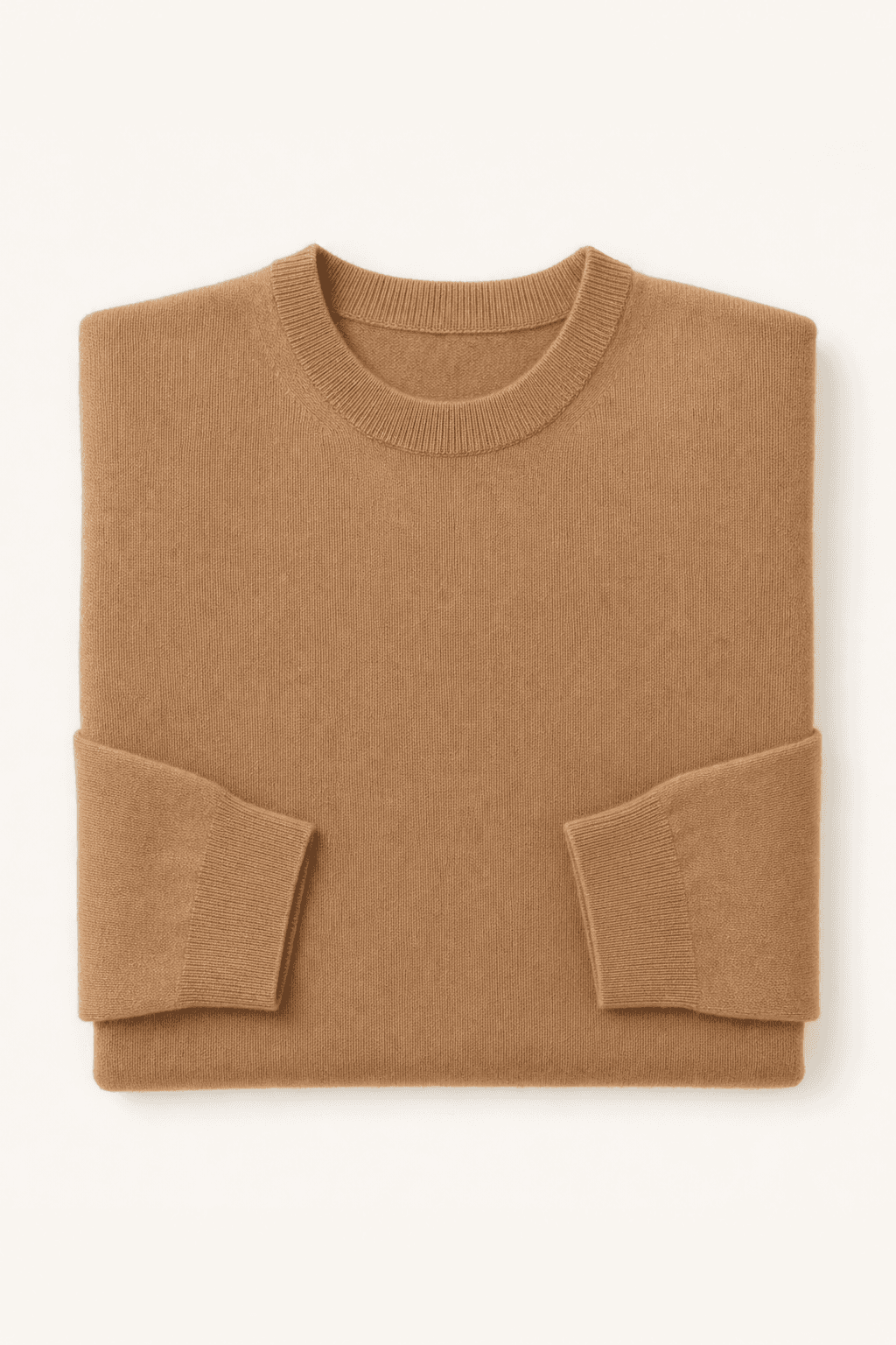 AI-generated front flat listing shot of a camel cashmere sweater