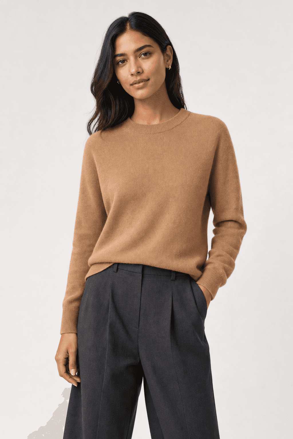 AI-generated on-model listing shot of the same cashmere sweater