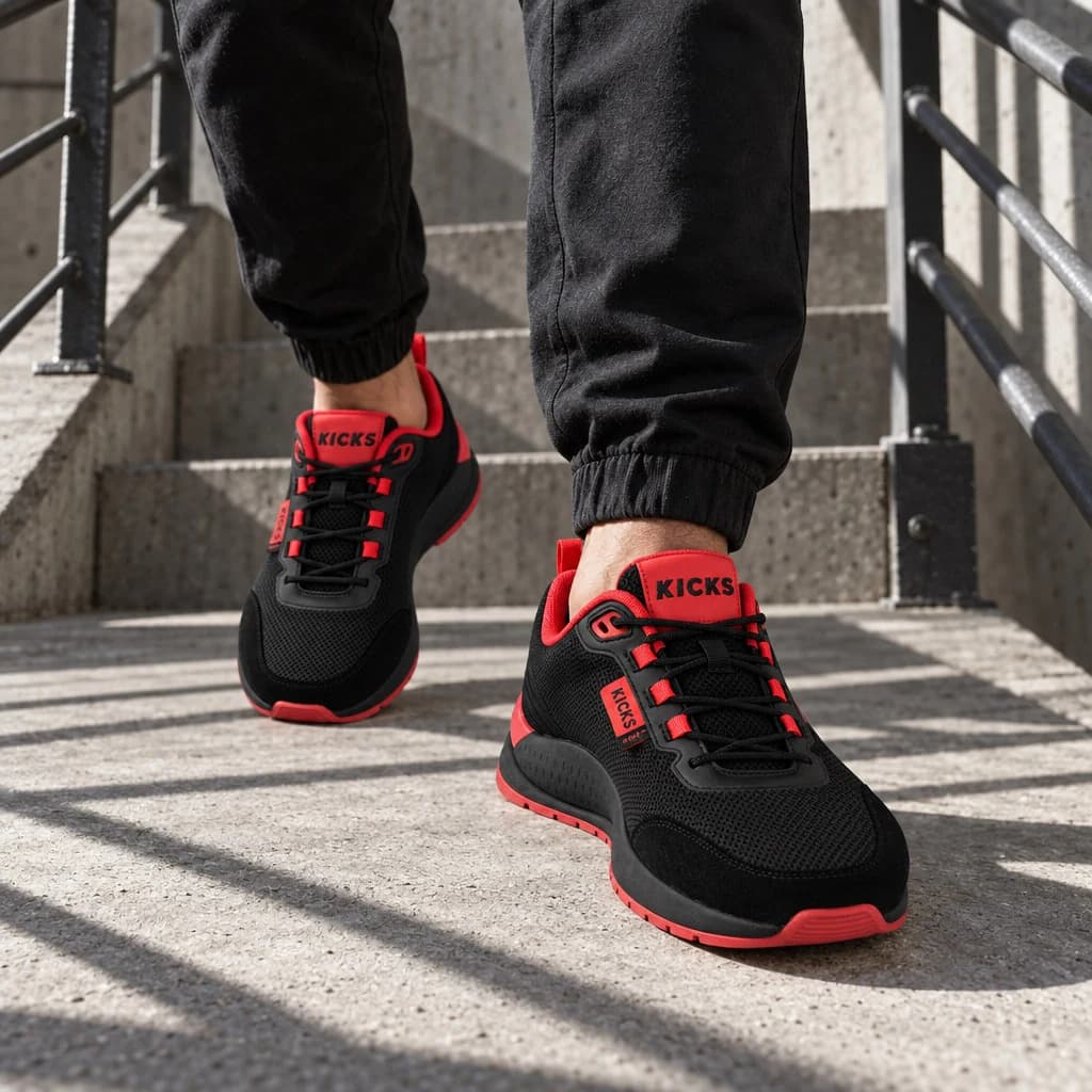 AI-created black and red Kicks trainers worn on sunlit concrete steps
