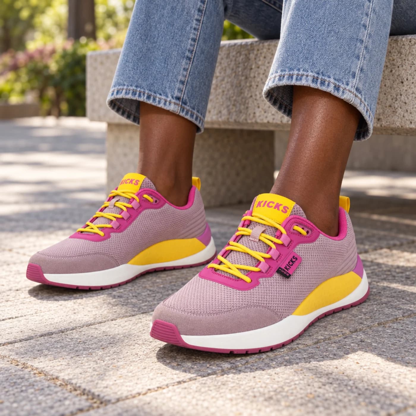 AI-created pink and yellow Kicks trainers worn beside a sunlit stone bench