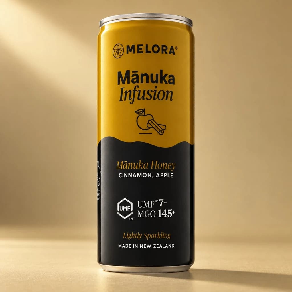 AI-created gold Melora cinnamon and apple can with warm studio lighting