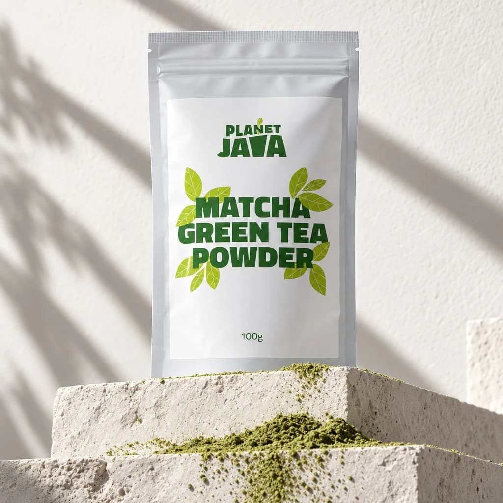 AI-created Planet Java matcha pouch on textured stone blocks with scattered powder and leaf shadows