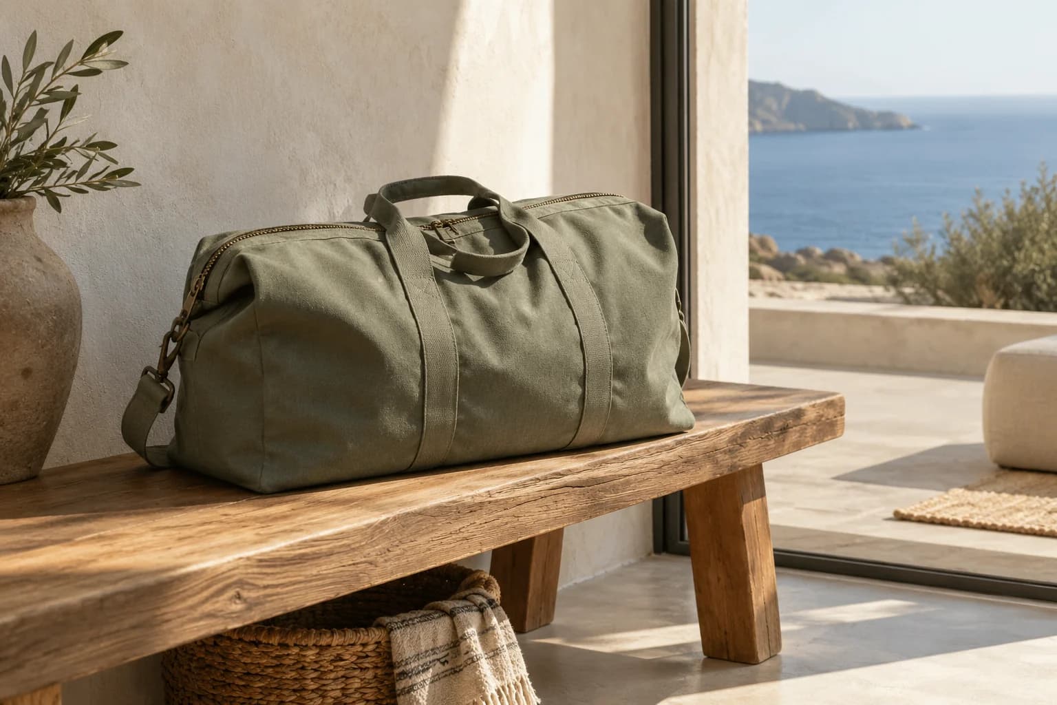 AI-created canvas weekender in a sunlit coastal interior