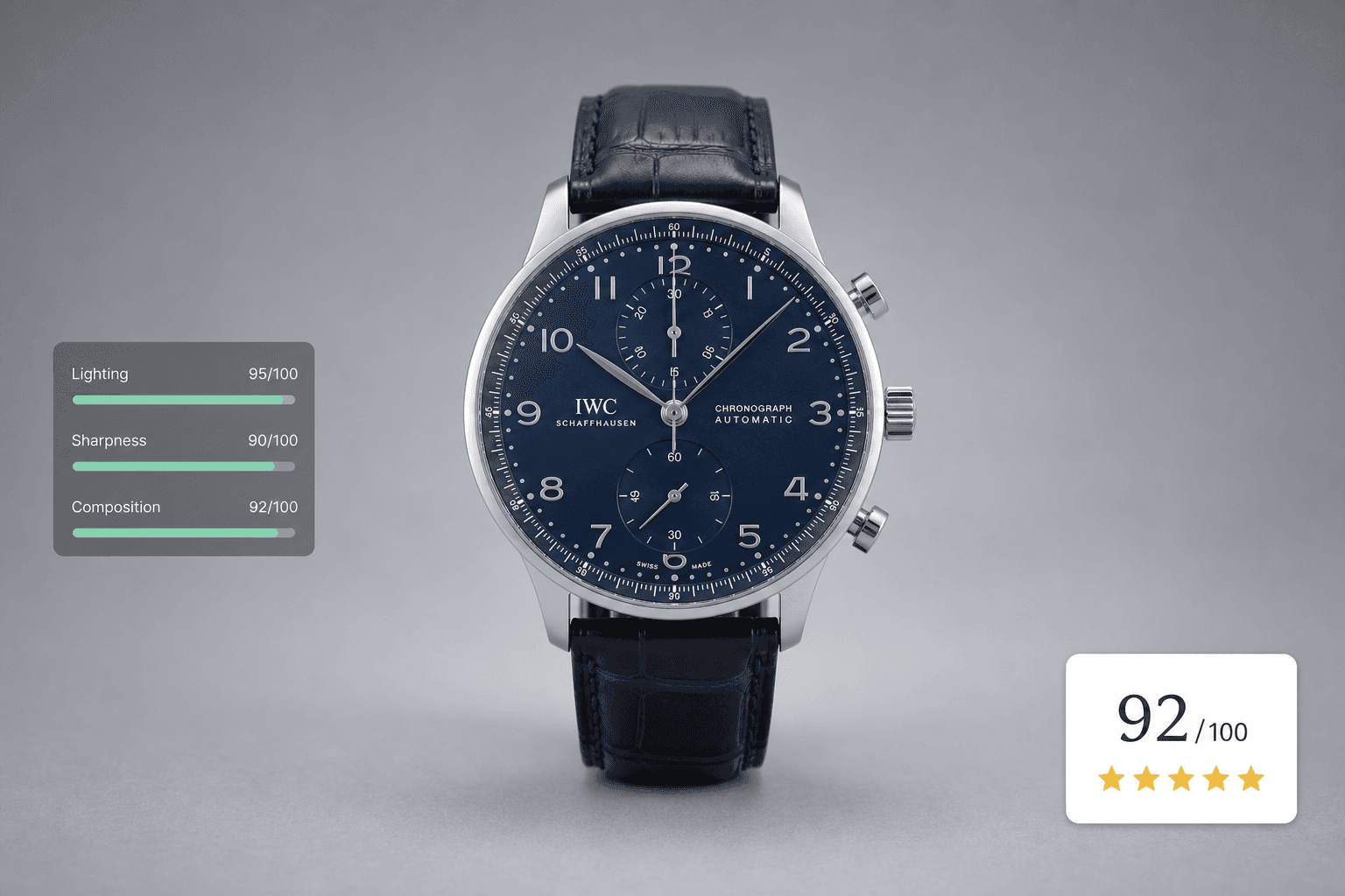 Illustrative product photo audit showing a watch with lighting and cropping feedback