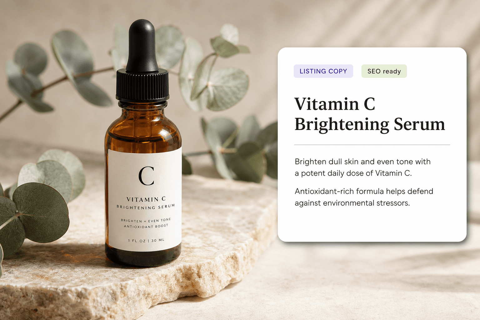 Illustrative listing copy beside a product photograph