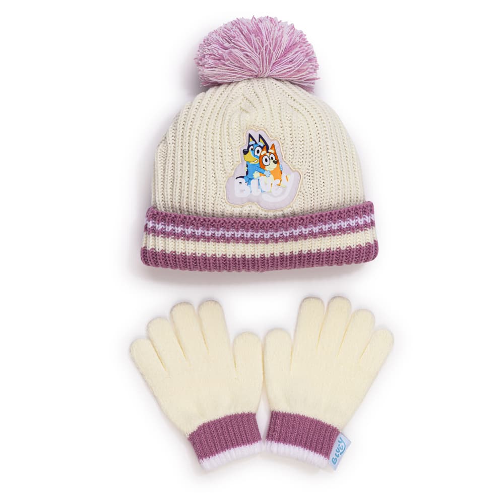 Bluey hat and matching gloves photographed by PMP on a white background