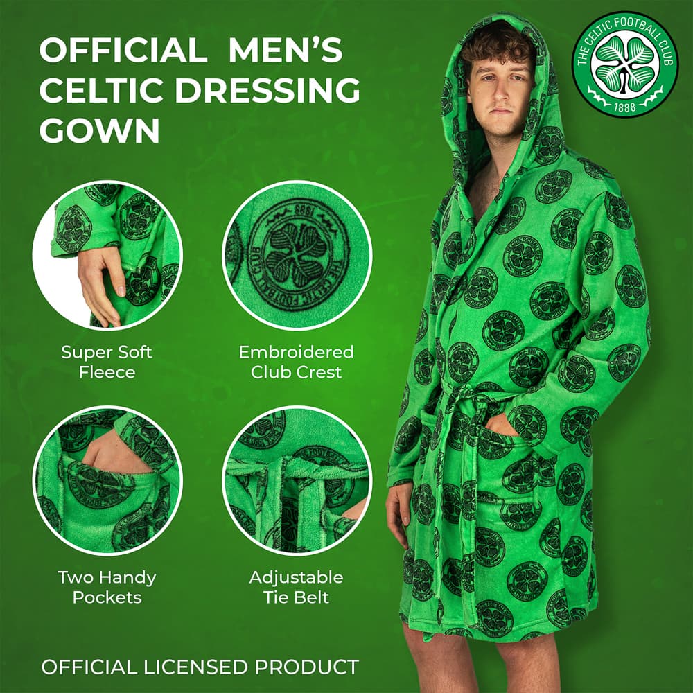 Green Celtic dressing gown with labelled close-ups of the fabric, badge, pockets and belt