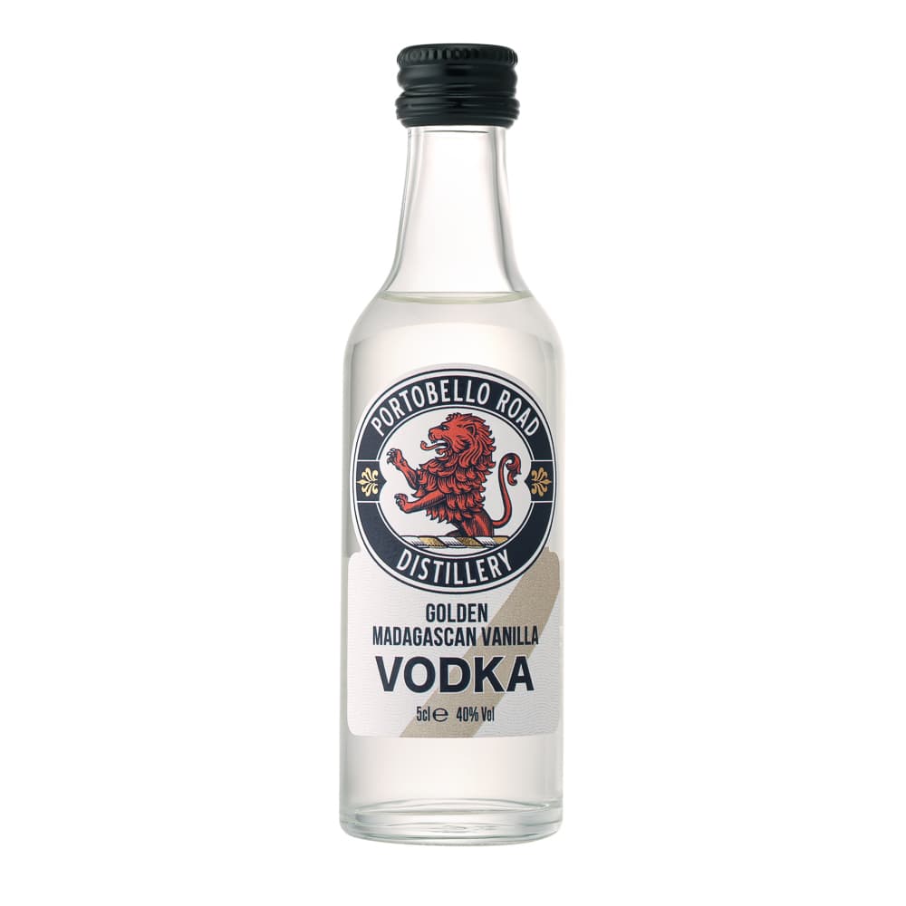 Mini vanilla vodka bottle front-facing packshot - drinks photography UK