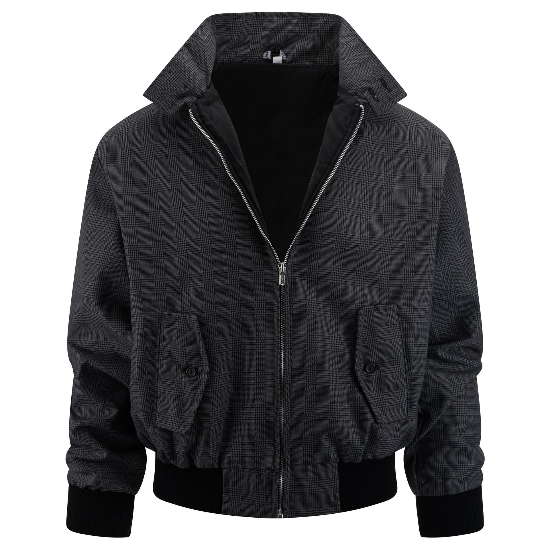 Grey check Harrington jacket photographed on a ghost mannequin